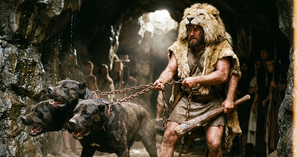 Heracles leads a chained three-headed hound up out of a dark underground cavern.