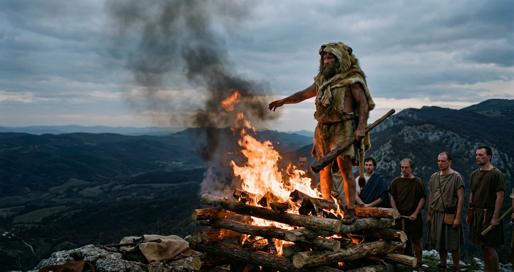 A large funeral pyre burns brightly on a mountain summit against a dark evening sky.