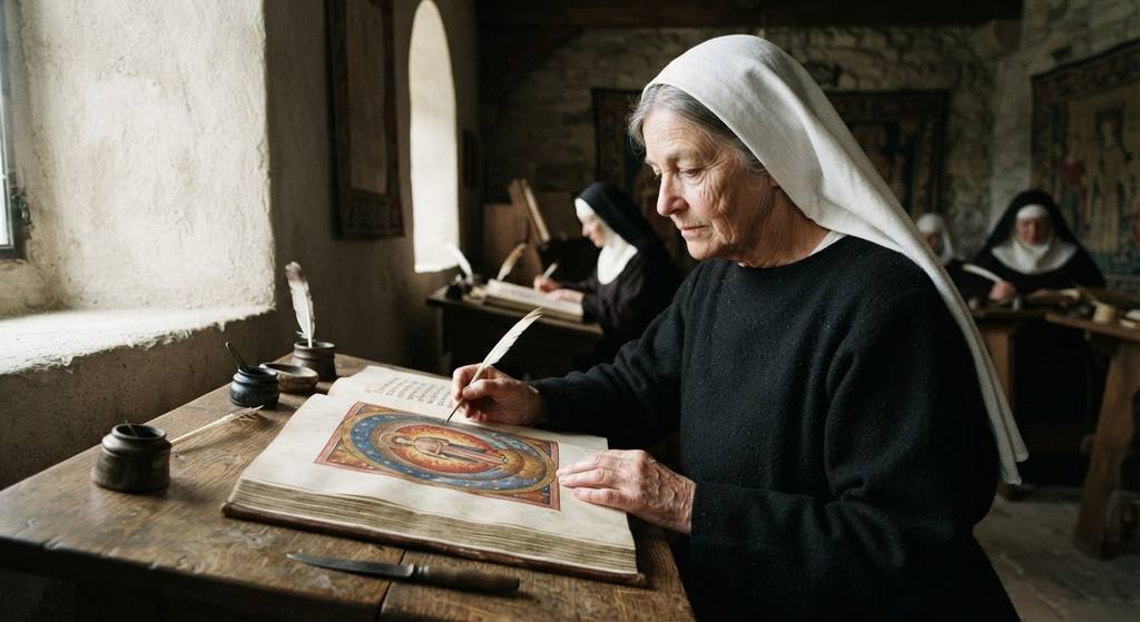 A medieval illumination shows a human figure centered within concentric cosmic spheres.