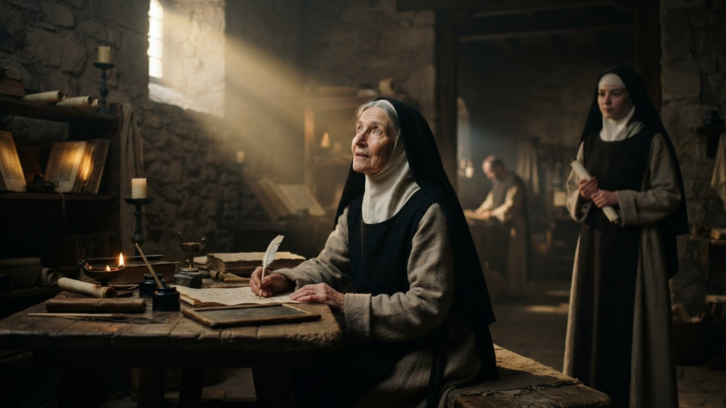 Hildegard von Bingen sits at a desk receiving golden light from above as an attendant watches.