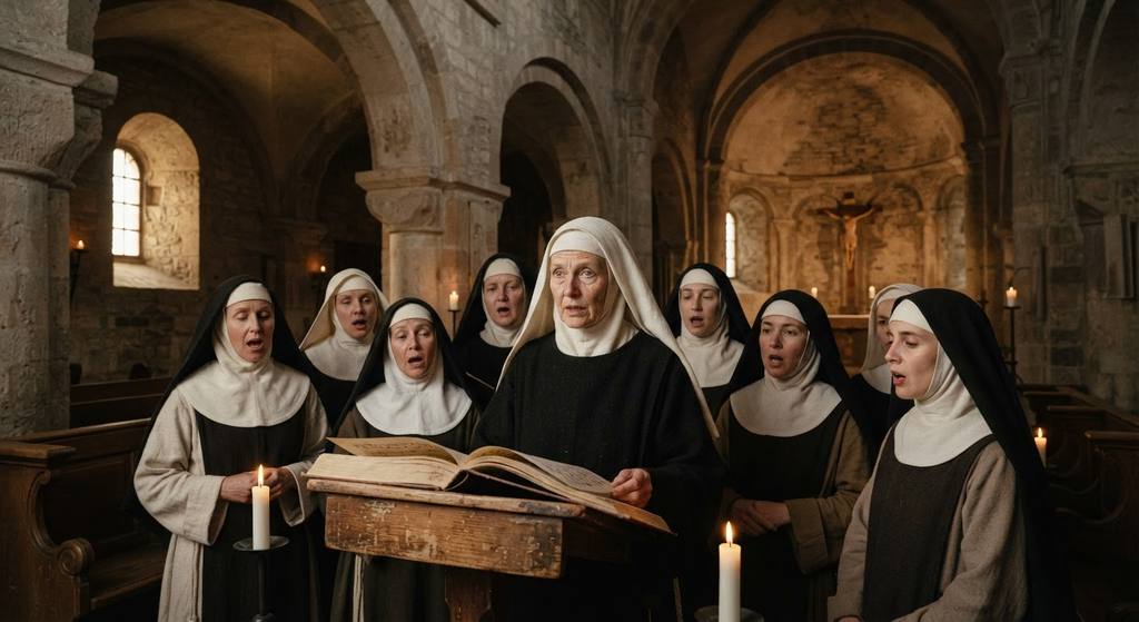 A choir of Benedictine nuns sings from an open chant book under high stone arches.
