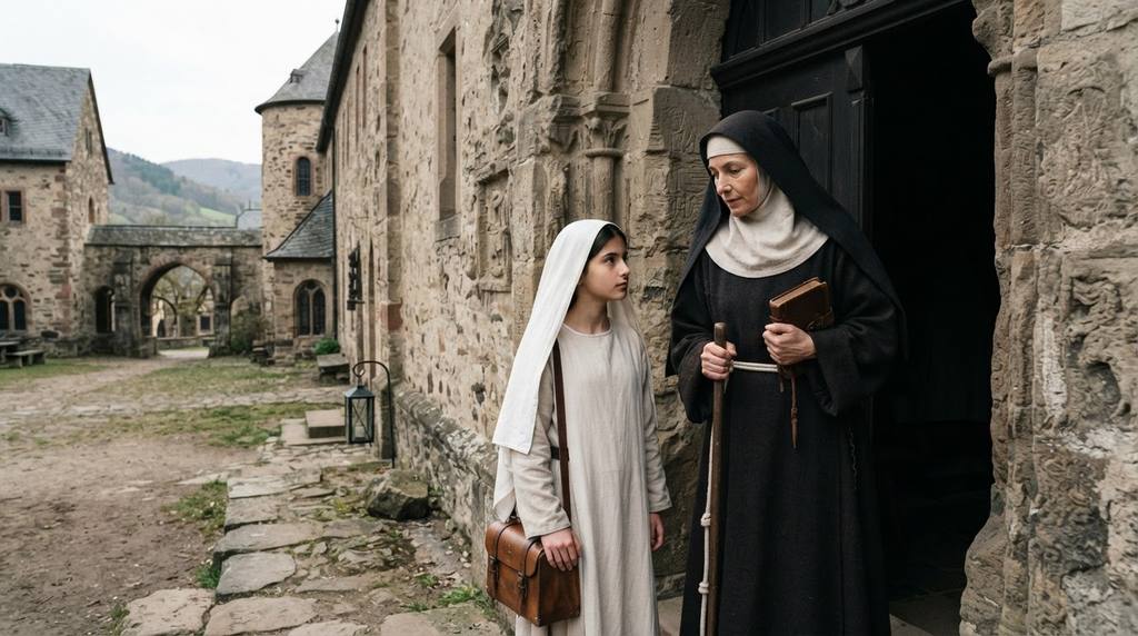 A young woman stands beside a nun at the arched stone entrance of a medieval abbey.