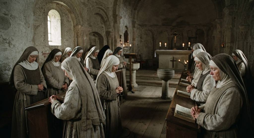 Nuns in traditional black habits gather in prayer inside a quiet, sunlit stone chapel.