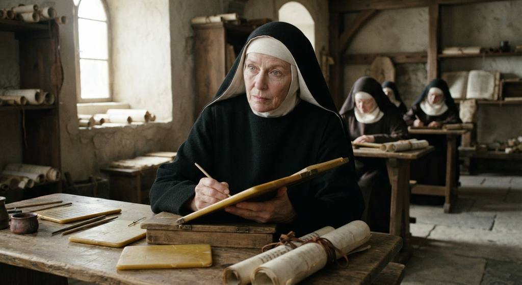Hildegard von Bingen, an elderly abbess, writes on wax tablets while seated in a sunlit scriptorium.