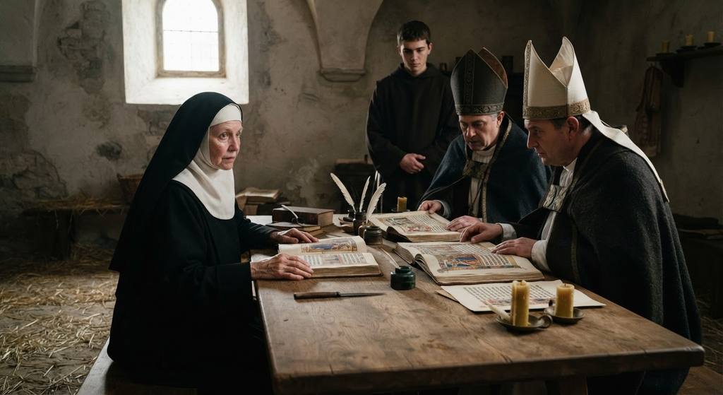 Medieval church officials in robes review illuminated manuscripts at a large wooden table.
