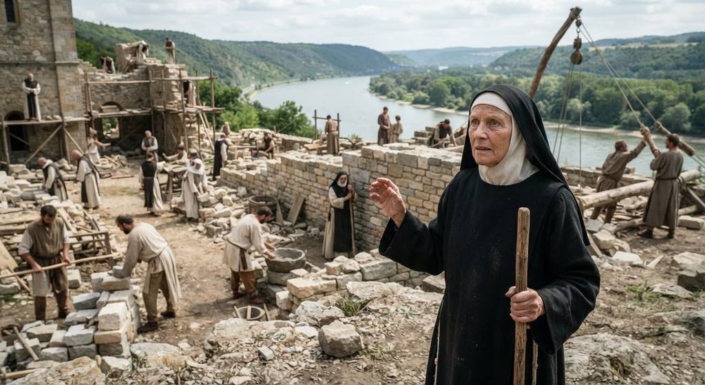 A newly constructed stone monastery stands on a hill overlooking the flowing waters of the Rhine River.