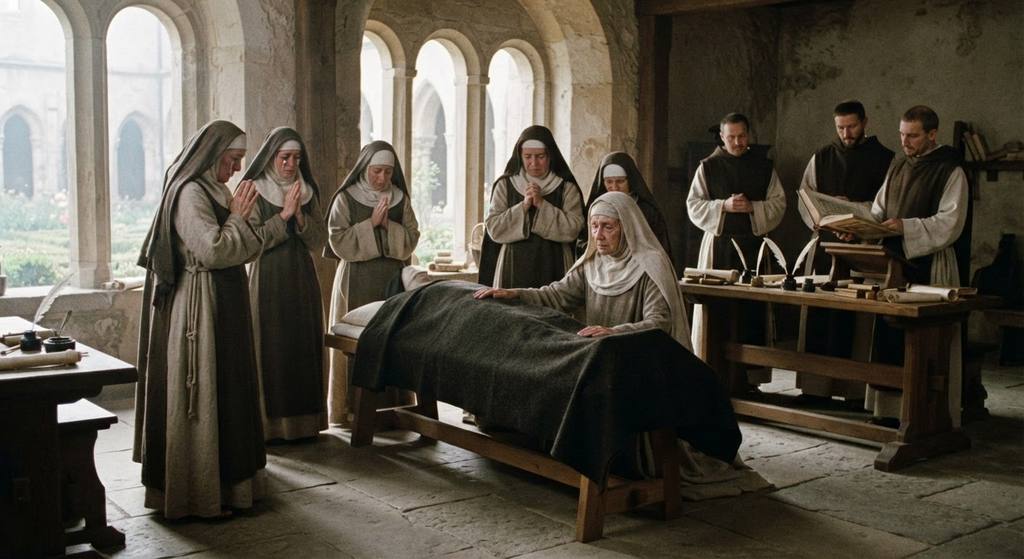 Soft light streams through arched stone windows into a serene, empty chapel scriptorium.