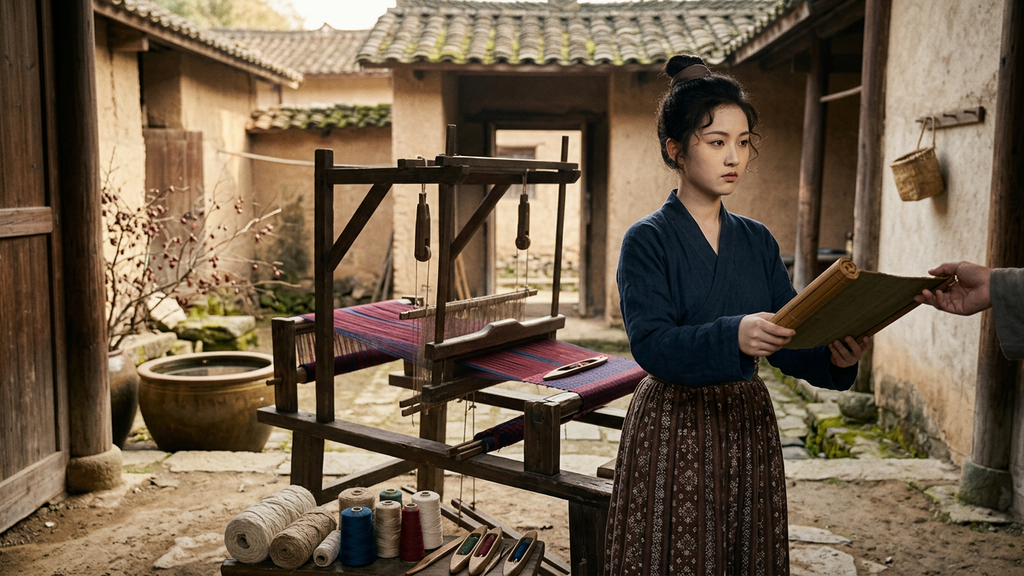 A wooden weaving loom sits in a courtyard beside a table holding a scroll.