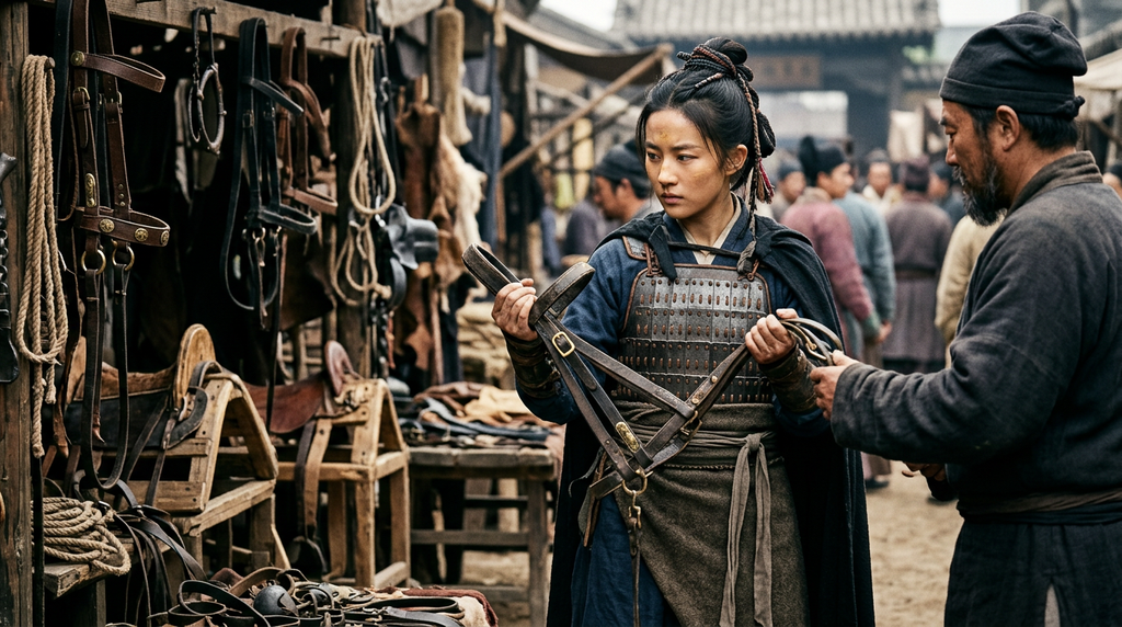 Merchants display saddles and riding gear in a busy Northern Wei market square.