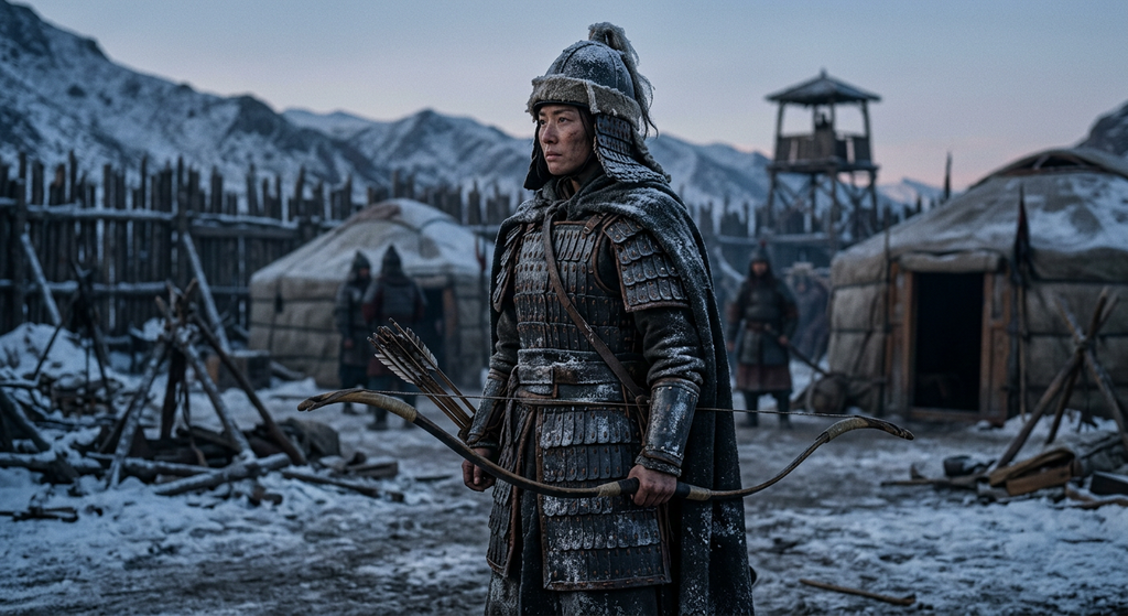 White frost coats the iron scales of lamellar armor on a cold day.