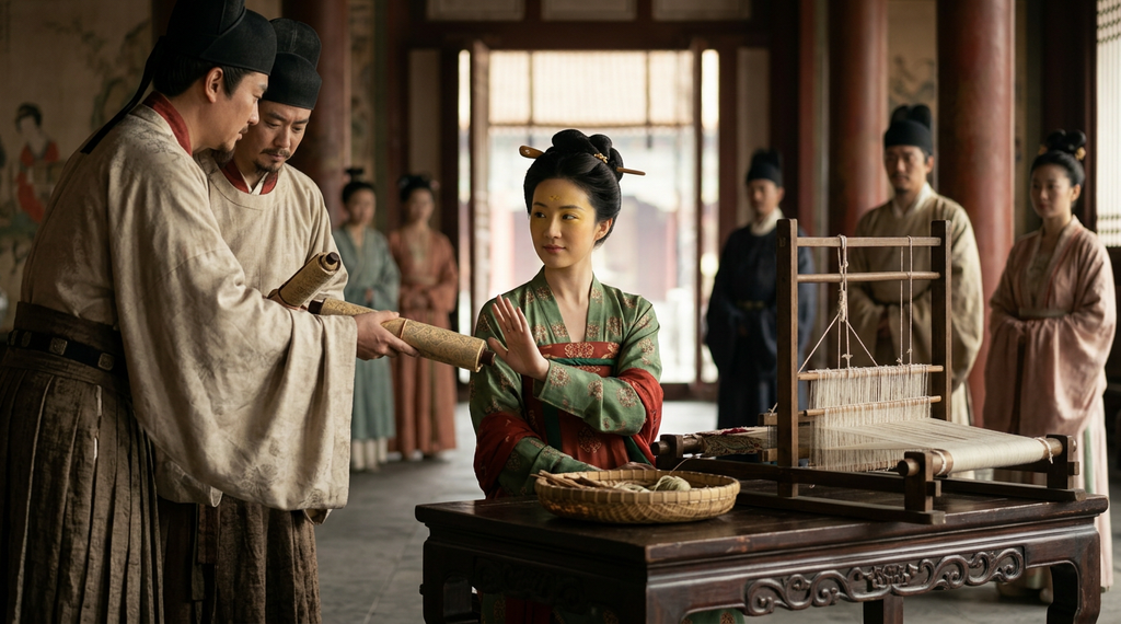 Court officials in silk robes present appointment scrolls in a grand hall.