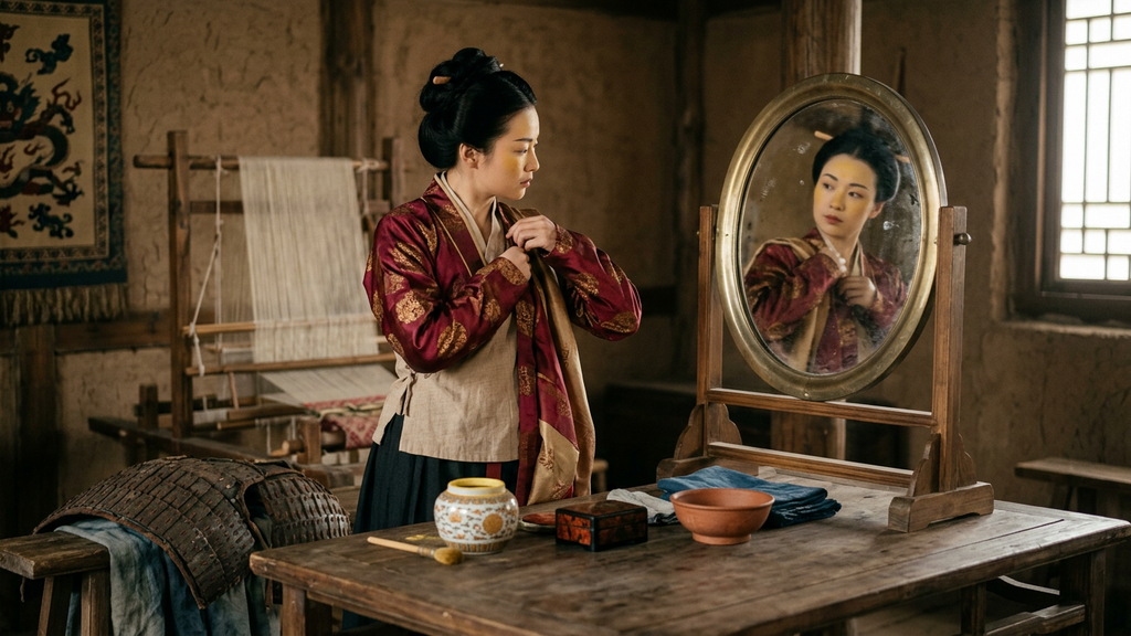 A bronze mirror reflects a woman applying yellow powder makeup.
