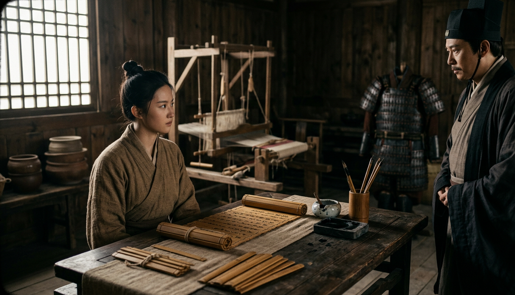 An unrolled conscription scroll rests on a dark wooden table in a dimly lit room.