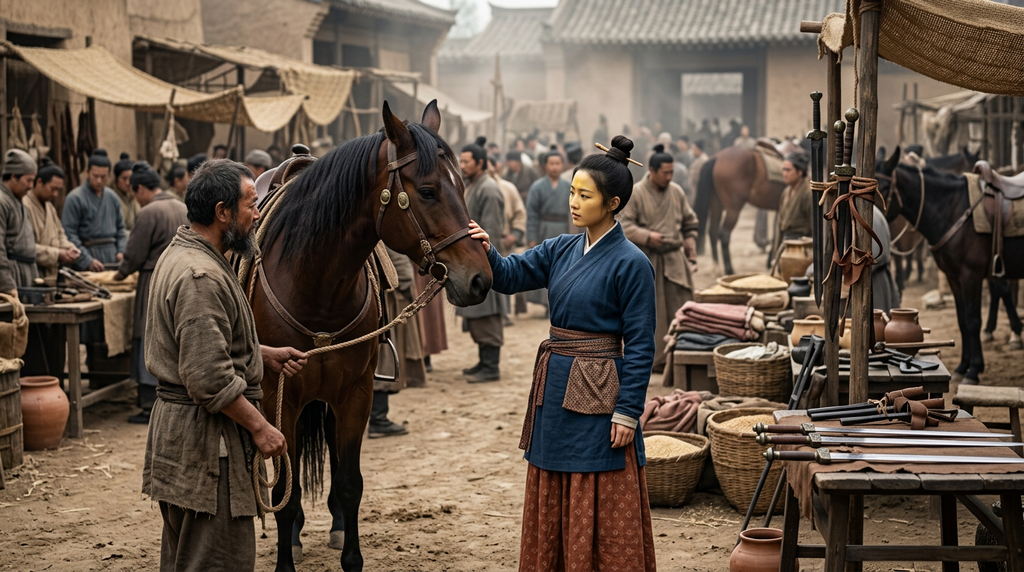 A woman inspects a strong horse held by a merchant in a bustling ancient marketplace.