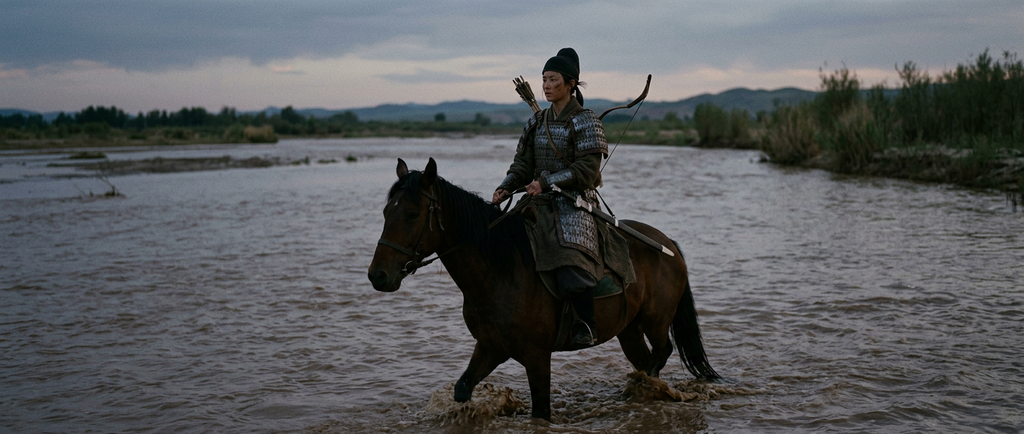 A lone armored rider on horseback crosses the muddy water of a wide river at dusk.