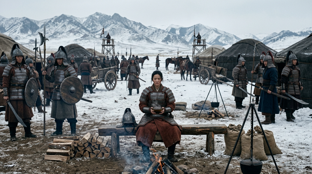 Soldiers in heavy iron armor gather around campfires at a snowy northern outpost.