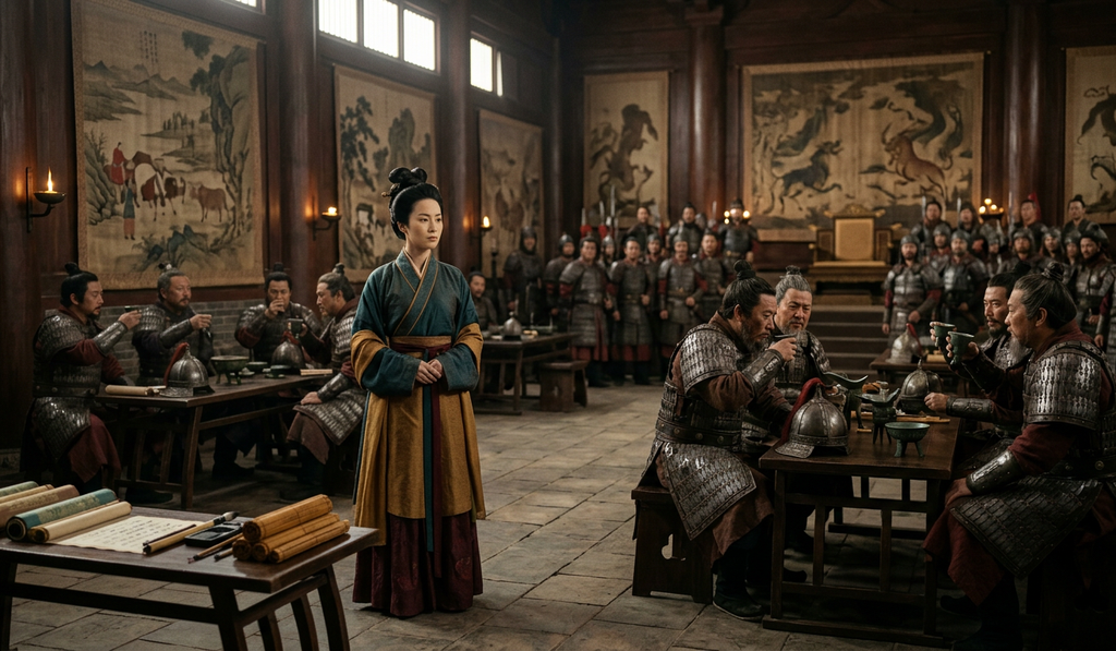 Victorious generals stand within a grand imperial throne room with ornate pillars.