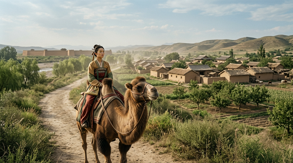 A lone soldier rides a camel along a dirt path toward a quiet rural village.