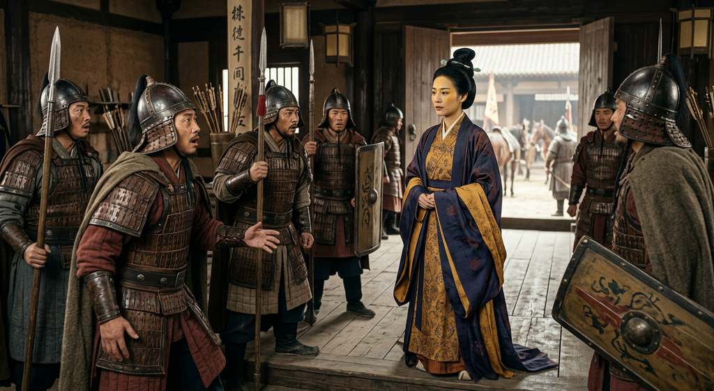 A woman in refined silk robes stands before a group of surprised soldiers.