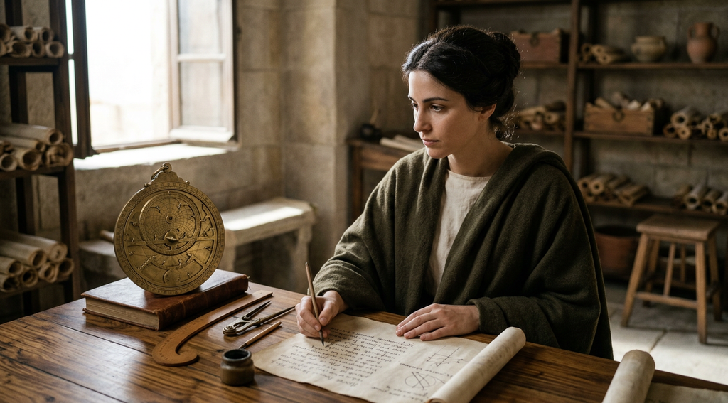 A brass astrolabe rests on a wooden desk beside ancient brass measuring instruments and mathematical tools.