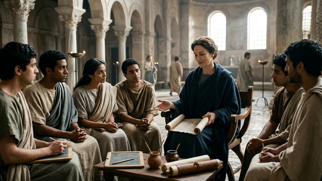 Students gather attentively around a woman in a philosopher's cloak inside a grand late Roman basilica.