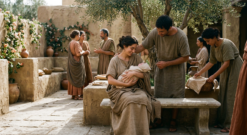 A young woman in a philosopher's cloak sits in a sunlit stone courtyard studying unrolled papyrus scrolls.