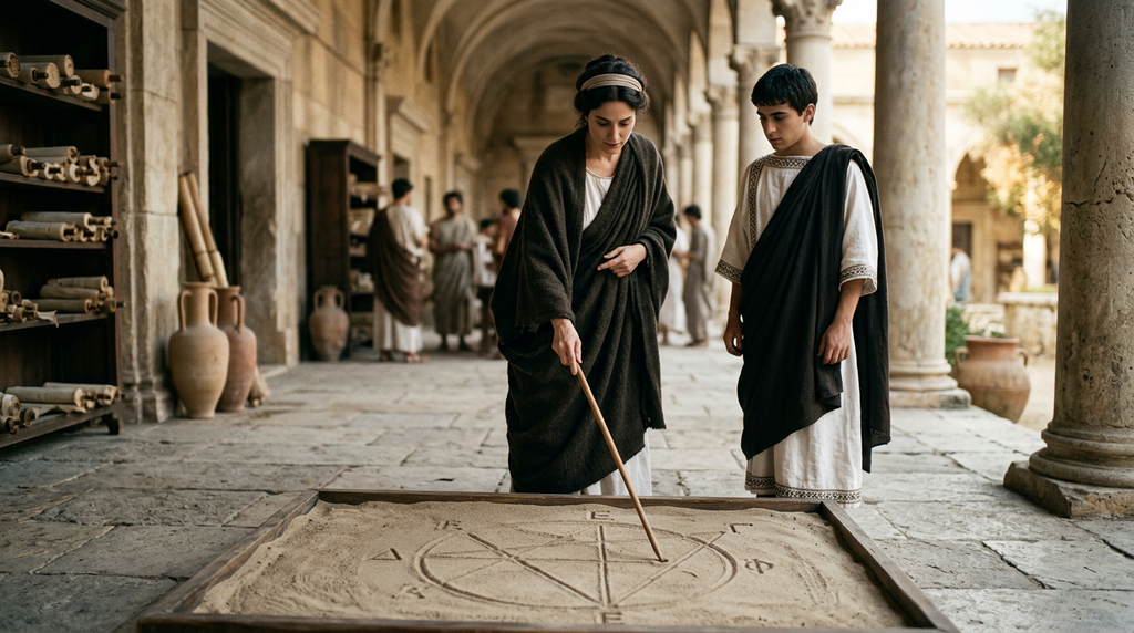 A woman in a woolen cloak points to geometric diagrams drawn in sand while instructing a young student on the floor.