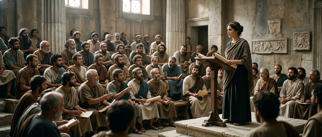 A female philosopher wearing a simple cloak stands before a crowded lecture hall of attentive scholars in ancient Alexandria.