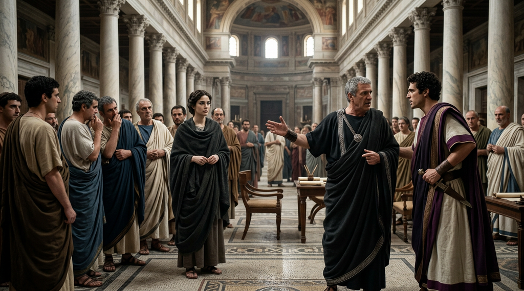 Two men argue intensely inside a grand Roman basilica as onlookers gather and whisper along tall stone columns.