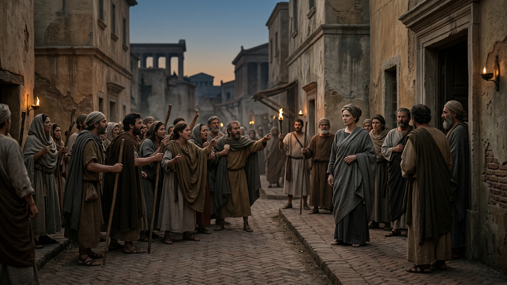 An agitated crowd gathers along the stone streets of an ancient city during dusk.