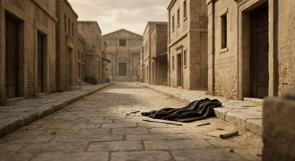A woolen philosopher's cloak lies folded and abandoned on an empty stone street in ancient Alexandria.