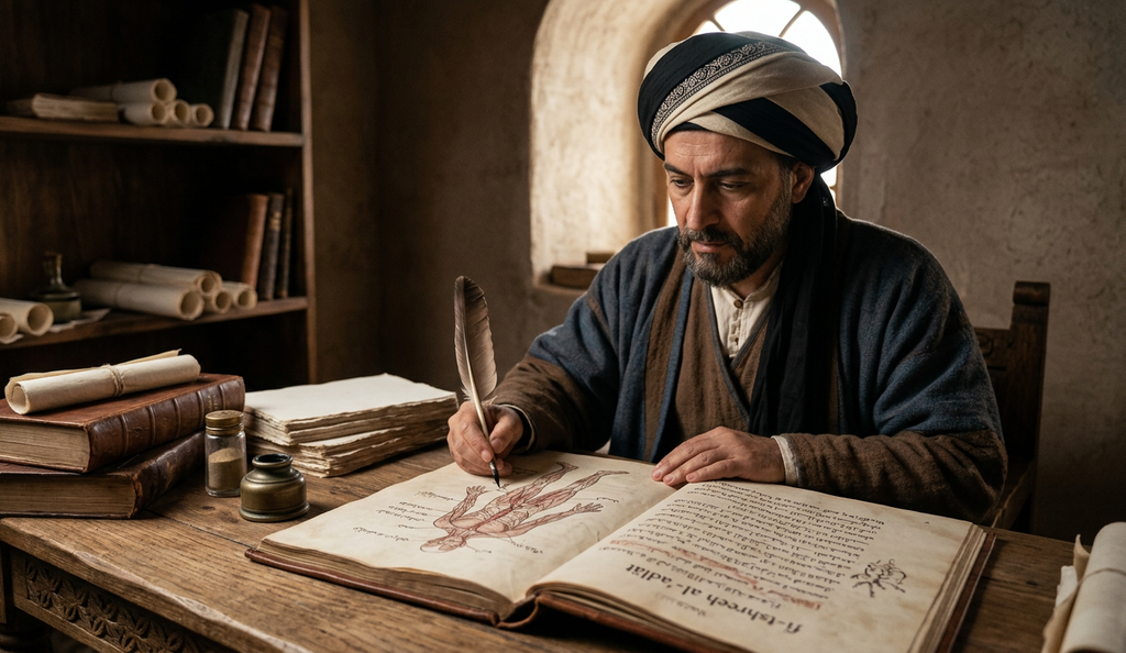 An open manuscript on a wooden desk displays detailed anatomical diagrams alongside traditional Arabic script.