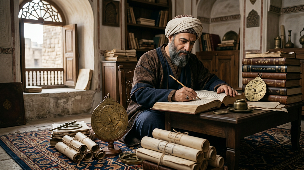 Stacks of parchment scrolls and astrolabes rest on a woven Persian rug inside a scholar's study.