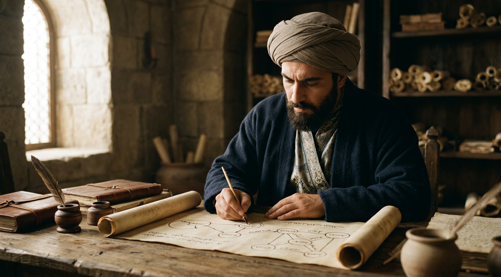 Ink diagrams of geometric shapes depicting cause and effect are drawn on an aged parchment scroll.