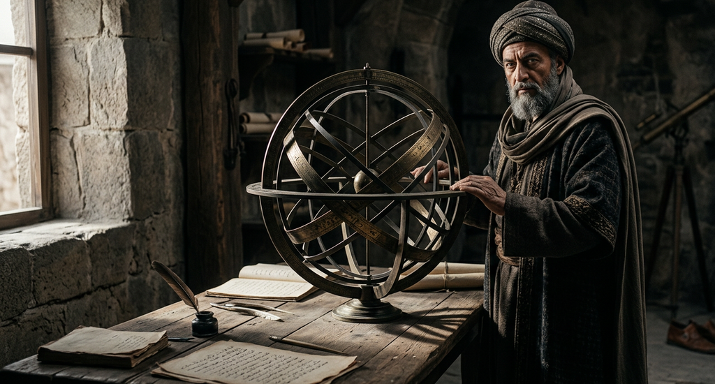 An intricate armillary sphere casts long shadows inside a dimly lit eleventh-century observatory.