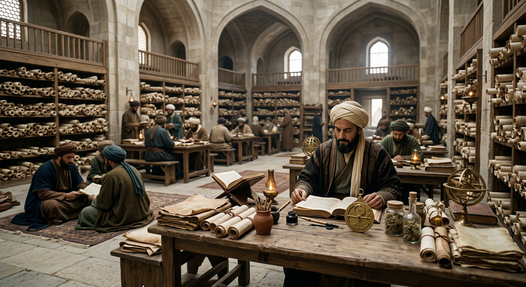Scholars read among shelves of bound manuscripts and astrolabes inside a vast medieval Islamic library.