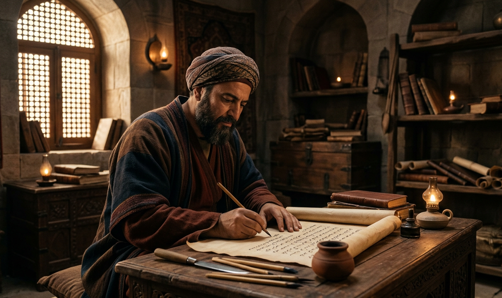 Ibn Sina writes on paper by oil lamp light inside a quiet medieval study chamber.