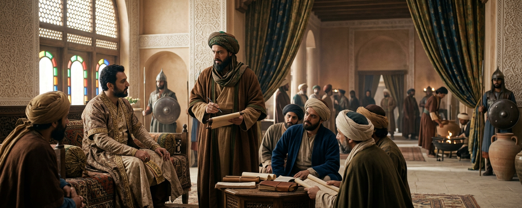 Ibn Sina stands among advisors gathered around a ruler in a grand Persian court with silk drapery.