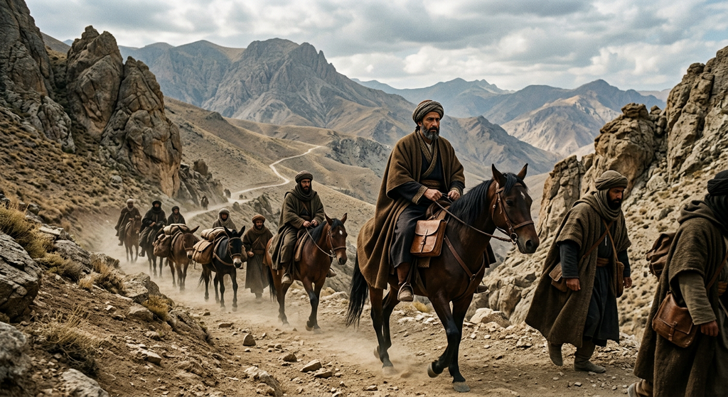 Travelers in heavy cloaks ride horses through a dusty mountain pass under bright daylight.