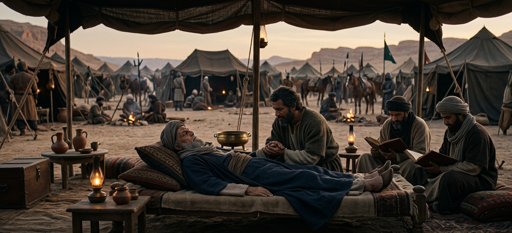Tents stand pitched against rugged mountainous terrain in a quiet military encampment.
