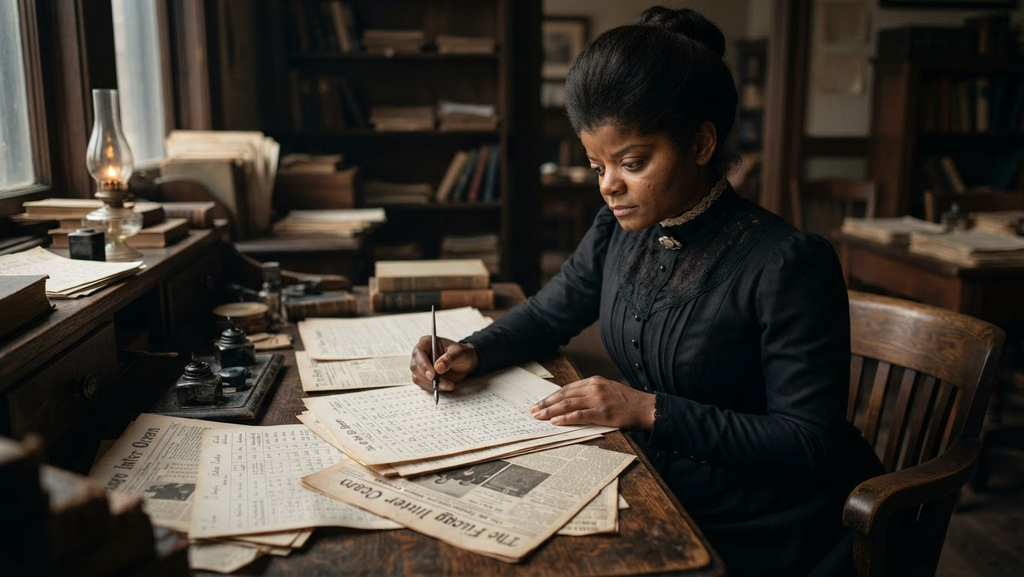Ida B. Wells examines statistical charts and newspaper clippings at a wooden writing desk.