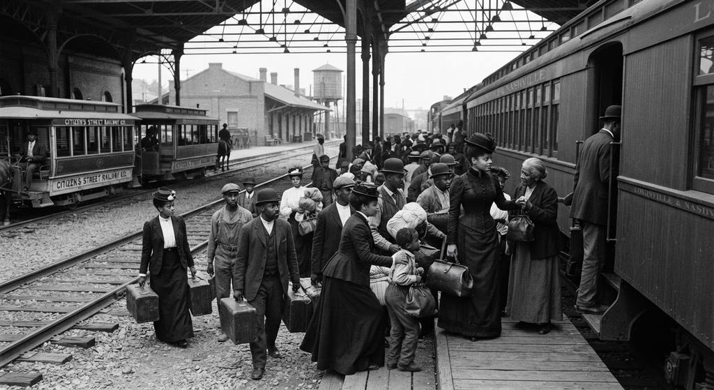 Black residents board a northbound train in 1890s Memphis while empty streetcars sit idle on the tracks.