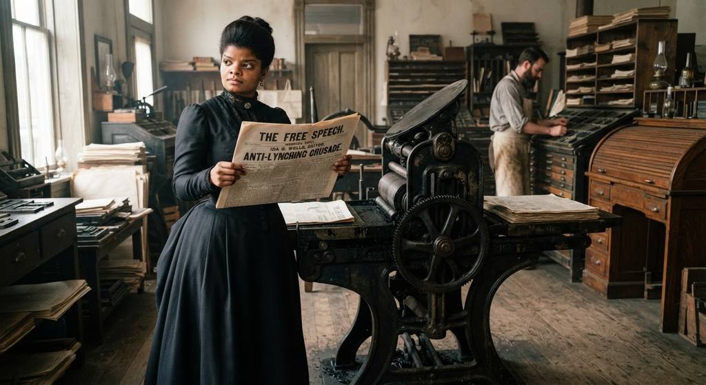 Ida B. Wells stands beside a heavy iron printing press holding a freshly printed newspaper.