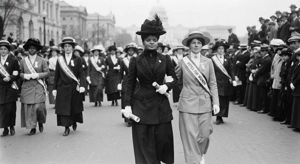 Ida B. Wells marches proudly alongside white delegates in a large suffrage parade.