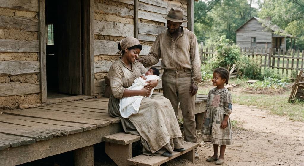 A young girl stands outside a simple wooden house in rural Mississippi during the 1860s, with a family gathered nearby.