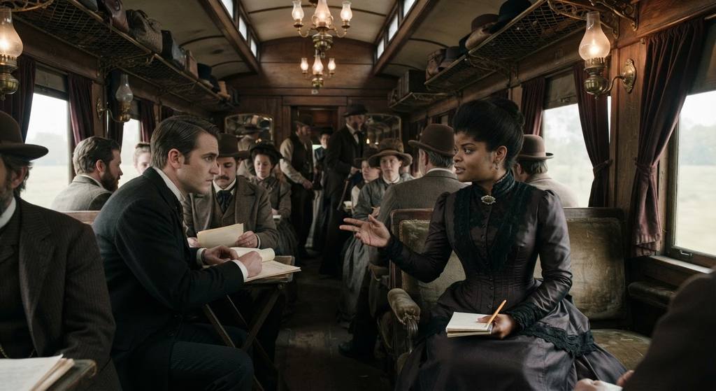 Ida B. Wells sits in a 19th-century train car with brass lamps and velvet seats, looking toward the camera.