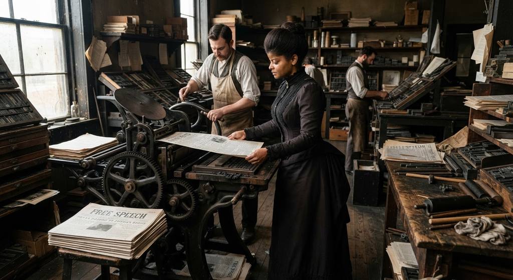 Ida B. Wells stands before a heavy iron printing press in a Memphis office surrounded by stacks of newsprint.
