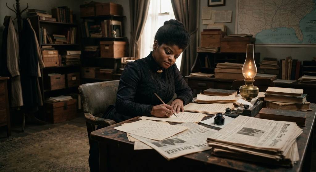 Ida B. Wells works at a wooden desk cluttered with investigative notes and an oil lamp in a dimly lit office.
