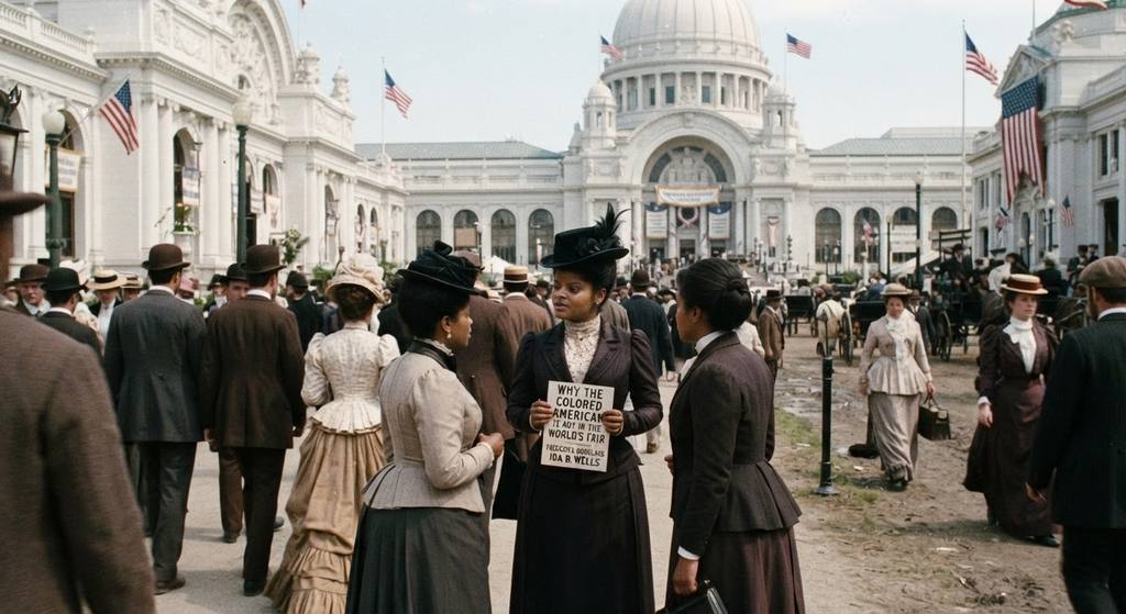 Ida B. Wells stands in front of the neoclassical white buildings of the 1893 Chicago World's Fair.