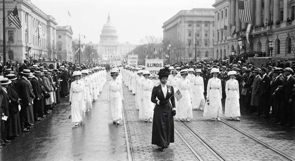 Ida B. Wells marches with a group of women in white dresses during a suffrage parade in Washington D.C.